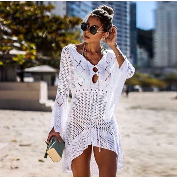 Crochet Open Knit Swimsuit Cover-Up in White - Picture 4 of 9